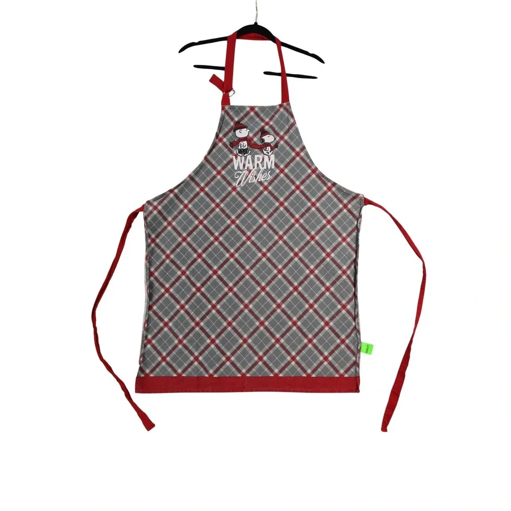 Peanuts Snoopy Charlie Brown Warm Wishes Holiday Apron Red‎ Grey Plaid One Size